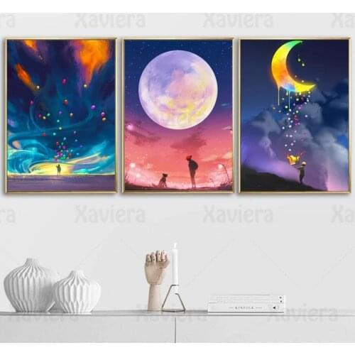 Cartoon Colorful Scenery Painting Moon Girl Boy Dog Gift Balloon Comics Illustration Wall Art Canvas Painting Modern Home Decor