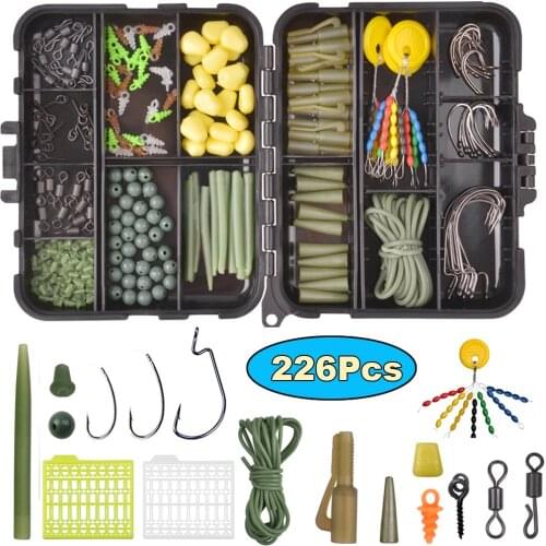 226pcs Carp Fishing Kit Including Fishing Hook Stopper Extender Corns Beads Quick Change Swivels Tail Rubber Carp Fishing Tackle