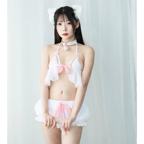 Submissive Lingerie Kawaii Exotic Apparel Ruffles White Underwear Women Sexy Set Micro Open Bikini Bra and Panty Sleepwear New