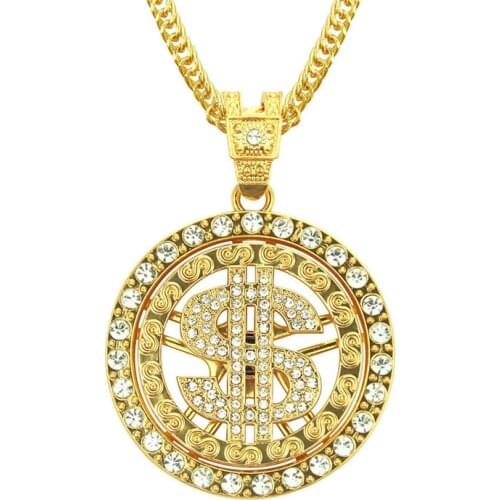 Hip Hop Rotating Dollar Pendant Necklace Iced Out Bling Rhinestone Gold Silver Color Long Chain Necklace Men Women Rock Rapper