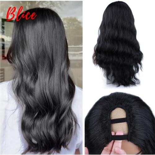 Blice 20 Inch Long Natural Wave Curly U Part Black Color Hair Wig 130 Density Heat Resistant Synthetic Daily Wigs For Women