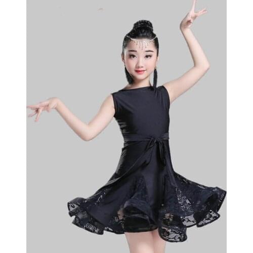 Girls Modern Latin Dance Dress Black Ballroom Salsa Tango Kid Child Lace Dance Competition Dancewear Practice Dance Clothing