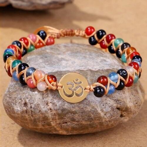 Natural Stone Braided OM Pendent Bracelet for Women Men Bohemia Yoga Mala Wrap Bracelets Jewelry Friendship Lucky Gift
