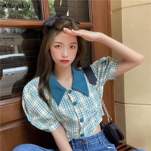 Shirts Women Plaid Vintage Turn-down Collar French Style Puff Sleeve Crop Daily Casual Baggy Streetwear Fashion Female Kawaii