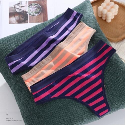 Sexy Womens Panties Pure Cotton Underwear Sport Thongs Low Waist Striped Female Comfort Thong Breathable G-String Tanga Panty
