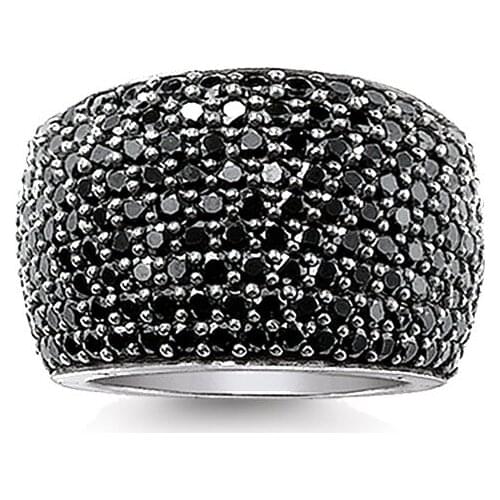 Silver Rings with Nine Rows Black CZ Pave, Trendy Wax Set Cocktail Eternity Love Thomas Style Ring Jewelry Gift for Women Men