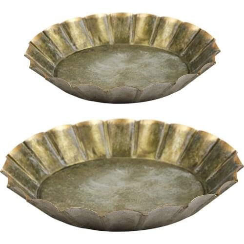 Unique Floral Rim Handcrafted Vintage Antique Metal Tray Ribboned Round Iron Tray Rustic Retro Tray For Home Church Wedding