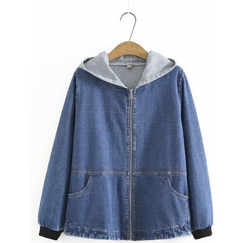 Plus size Zipper hoodie denim jackets for women 2021 Casual Womens autumn coat black blue Jean jacket