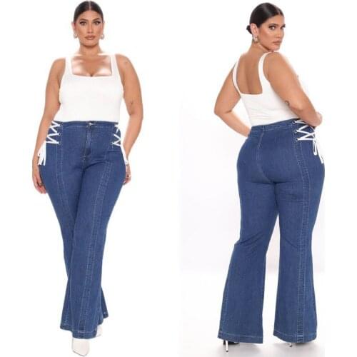 FNOCE 2020 new womens pants jeans large size fashion trend solid high waist slim lace up elegant denim Wide Leg Pants for women
