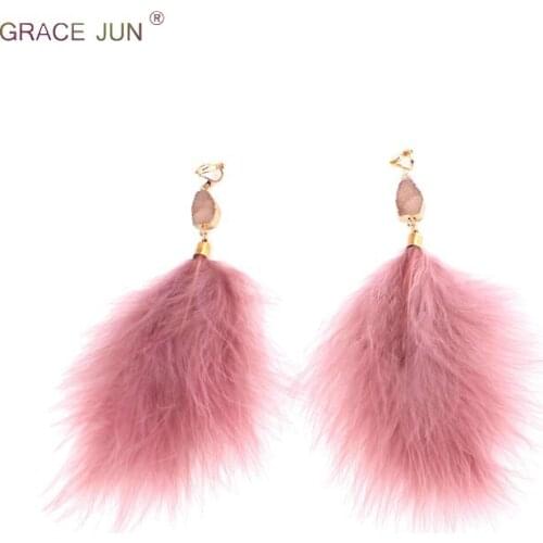 GRACE JUN Hot Sale Large Real Feather Natural Stone Clip on Earrings for Women Long Elegant Pierced Earrings Factory Wholesale