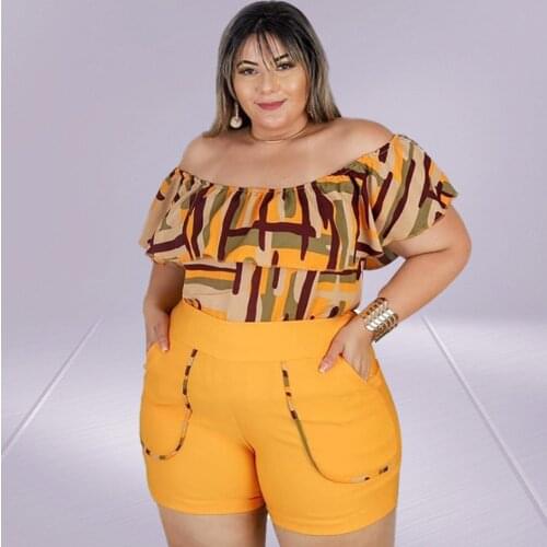 Plus Size 4XL Two Piece Sets for Women Short Sleeve Slash Neck Mid Waist Geometric Printing Above Knee Wholesale Dropshipping