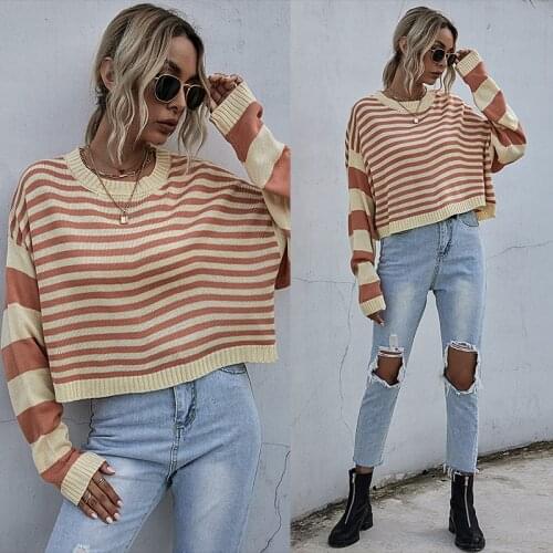 Knitted Sweater Female 2020 O-Neck Striped Casual Pullover Long Sleeve Short Top Spring Autumn Womens Sweaters Clothing
