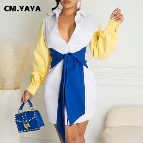 CM.YAYA Women Patchwork with Sashes Turn Down Neck Long Sleeve Blouse Style Mini Dress INS Autumn Spring Basic Dresses
