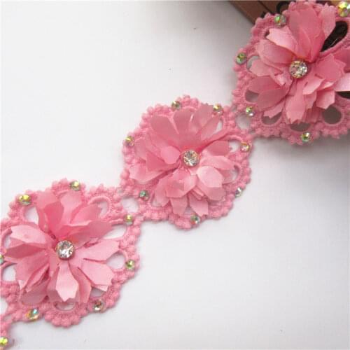 1yd Pink Cotton Rhinestone Diamond Flower Embroidered Lace Trim Ribbon Fabric Sewing Craft For Costume Dress Hat Decoration 65mm