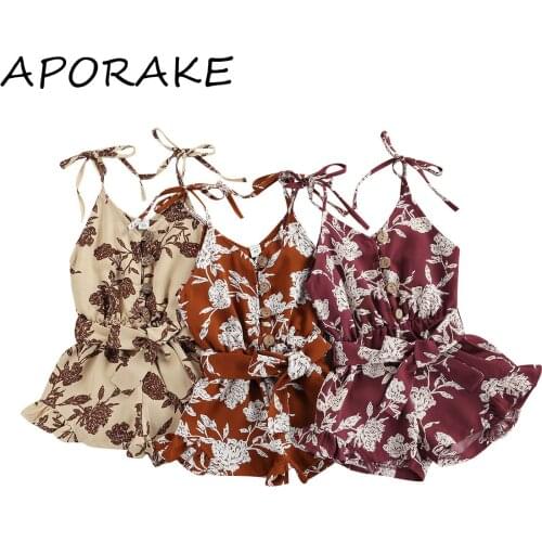 2021 1-6Y Summer Baby Girl Floral Print Button Sling Romper with Ruffles Sweet Sleeveless V-neck Short Jumpsuit with Waistband