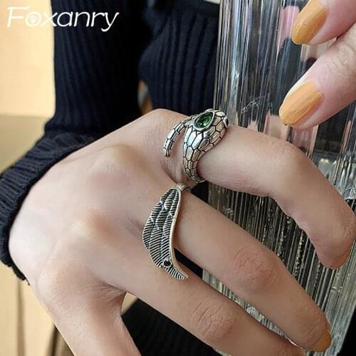 Foxanry 925 Sterling Silver Snake Rings for Women Creative Vintage Punk Exaggerated Geometric Birthday Party Jewelry Gifts