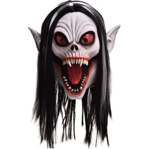 Halloween Latex Cosplay Vampire Full Face Mask with Hair Wig Scary Toothy Horror Masquerade Head Cover Fancy Dress