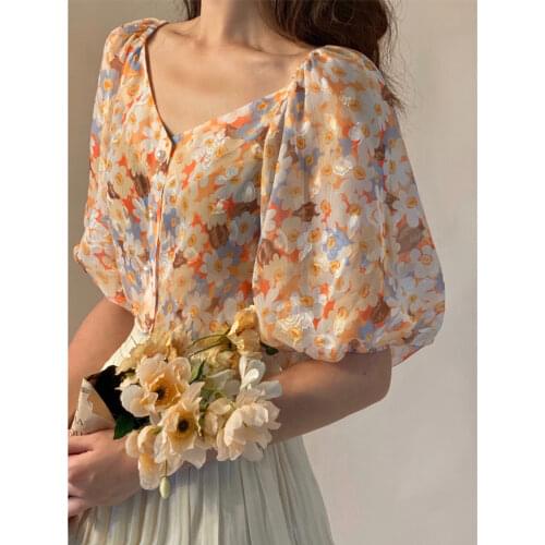 HOUZHOU Womens Shirt Harajuku Vintage Printed Shirts Floral Top Puff Long Sleeve Elegant Blouses Chic Blouse Korean Fashion