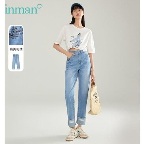INMAN Autumn Spring Womens Jeans Chic Embroidery Slim Rolled Hem Design Simple All-Match Denim Trousers
