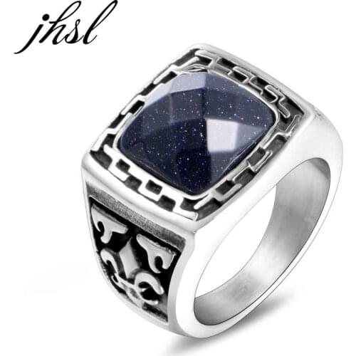 JHSL Square Blue Stone Men Rings Silver Color Stainless Steel Fashion Jewelry Gift Wholesale US Large Size 7 8 9 10 11 12