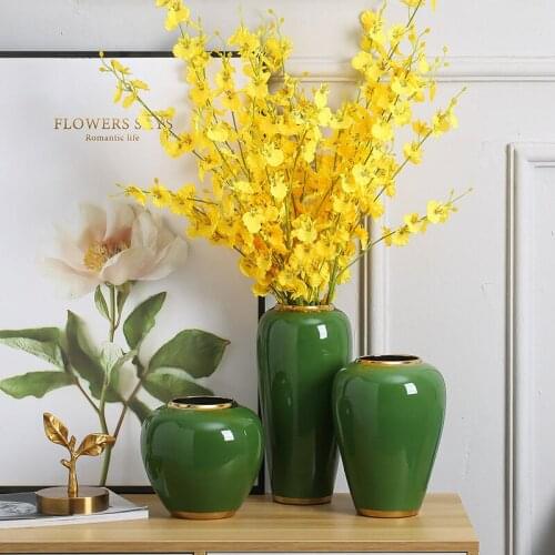 Handmade Ceramic Vases Creative Home Insert Craft Green Glaze Artware Storage Jars Gold Line Luxury Gift