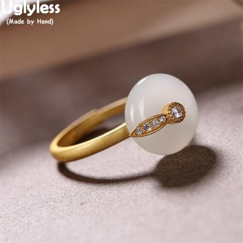 Uglyless Crystals Leaf Open Finger Rings for Women Classic Peace Buttons Natural Jade Rings 925 Sterling Silver Minimalist Jewel