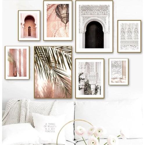 Morocco Arabic Door Mosque Architecture Canvas Print Painting Islamic Wall Art Poster Palm Leaf Wall Pictures Muslim Home Decor