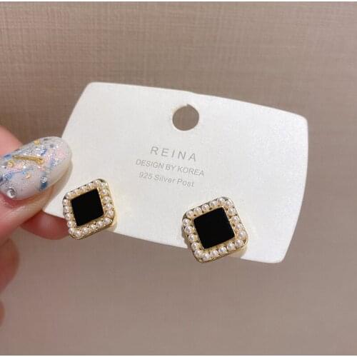 Trend Geometry Mosaic Simulated-pearl Ear Studs Sweet Cute Square Compact Stud Earrings Personal Simple Jewelry Fashion