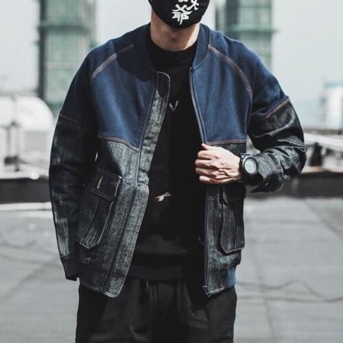 2020 New Fashion Autumn Stitched Denim Jacket Men Lapel Pockets Loose Casual Japanese Style
