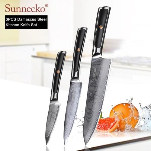 SUNNECKO Chef Utility Paring Knife Damascus Cutter Tools Japanese VG10 Core Steel Sharp Blade G10 Handle 3PCS Kitchen Knives Set