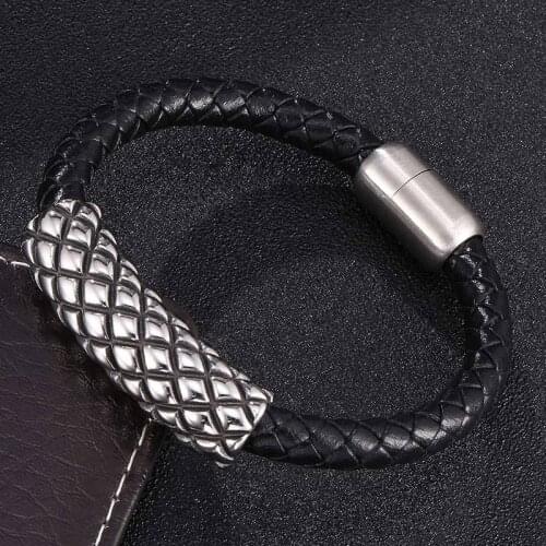 Newest Punk Stainless Steel Leather Bracelets Men Jewelry Black Braid Charms Bangle Fashion Male Jewelry Gift BB0482