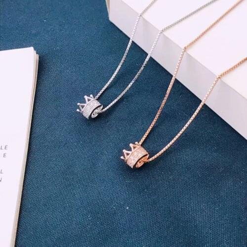 Pure 925 Sterling Silver Necklace Simple Hollow Small Crown Inlaid with Zircon Shining Pendant Serpentine Clavicle Chain Luxury