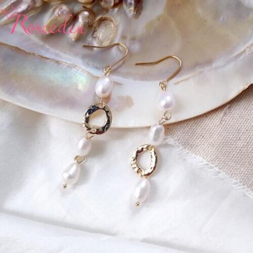 Drop Shipping Metal Gold Drop Earrings Baroque Irregular Circle Natural Freshwater Pearl Earrings For Women Girls RE3986