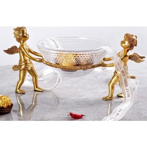 Luxury Gold Brass Two Angel Elf Boys Holding Dishes Statue Home Glass Fruit Plate Living Room Decor Fruit Plate Bowl Candy Dish