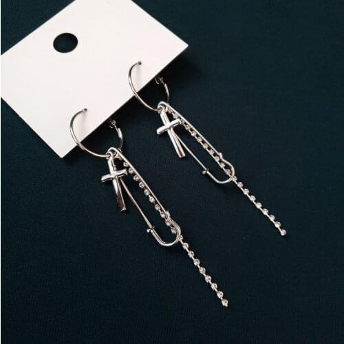 Simple Metal Style Earrings For Women Shiny Crystal Long Chain tassel Cross Pin Pendant Fashion Ear Jewelry Best Gifts