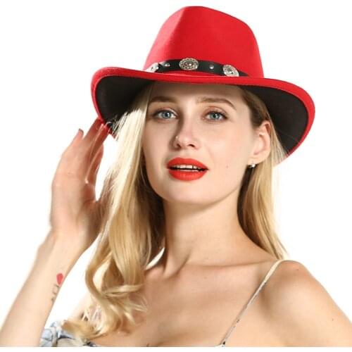 Women Men Red Western Cowboy Hat With Punk Belt Jazz Hat Wide Brim Jazz Cowgirl Hat Size 56-58CM
