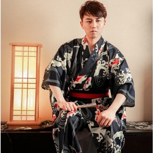 Formal Party Costume Standard Kimono Japan bathrobe Black Male Cotton Kimono Flower Vintage Asian Folk Clothing Cosplay One size