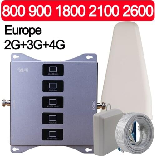 European 5 Bands 2G 3G 4G LTE 800 900 1800 2100 2600 Mhz Mobile Signal Booster GSM Repeater 4G LTE Amplifier For Europe B20 B3