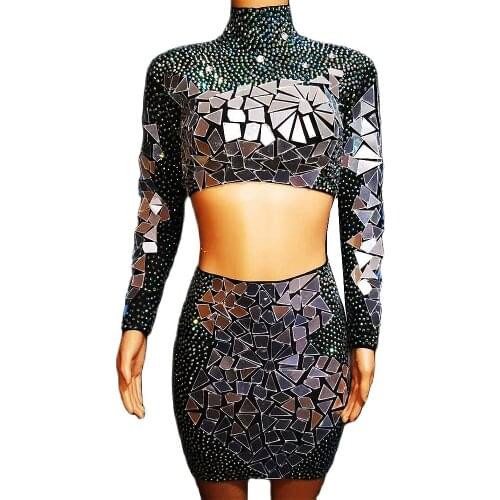 Party Evening Costume Rhinestones Mirror Sequins Two-Piece Suit Bag Hip Dress Cropped Top Long Sleeve Nightclub Dance Show Wear