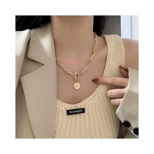 Vintage Carved Coin Thick Layer Chain OT Buckle Necklace Bohemian Metal Collar Choker Necklaces For Fashion Women Punk Jewelry