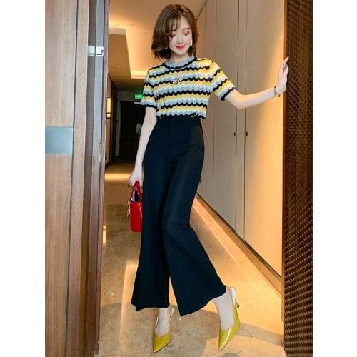 Wavy stripe knitted short sleeve top+High waist vertical stripe wide leg pants suit 2021 Spring new