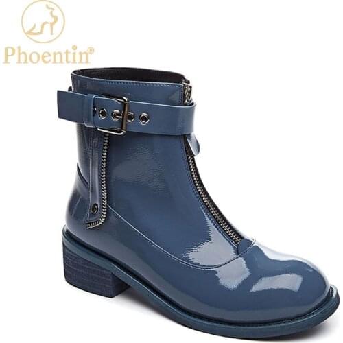 Phoentin Blue front zipper Winter Ankle boots for woman Comfortable Buckle shoes Genuine Leather short boot Black FT1202