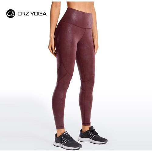 CRZ YOGA Womens Matte Coated Faux Leather Texture Legging Workout Mesh Tight Pants with Drawcord-25 inches