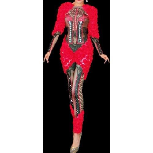Womens Birthday Celebrate One Piece Bodysuit Costume Dance Outfit Rose Flowers Rhinestones Stretch Jumpsuit Sexy Appliques