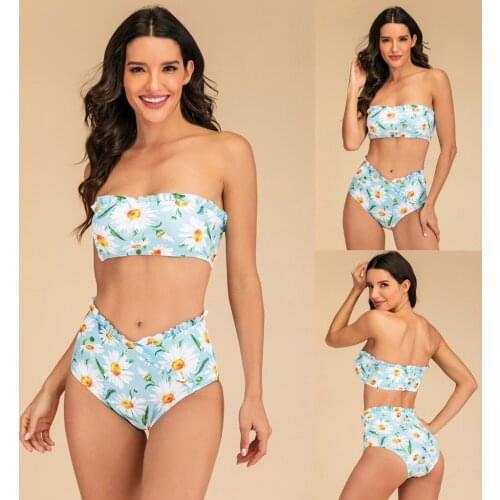 Womens Mini fresh printed bikini split swimsuit simple solid color beach split two piece swimsuit with chest pad without steel