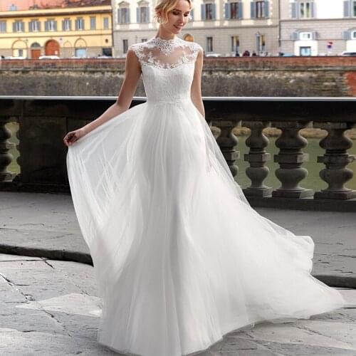 High Neck Tulle Wedding Dress 2021 Top Lace Cap Sleeve Robe Longue Wedding Gown Chic Bridal Gowns New Arrival Robe Femme