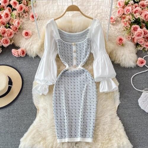 Retro Knitted Dress Women Elegant OL Square Collar Puff Long Sleeve Patchwork Plaid Slim Sexy Tube Sweater Mini Dress Robe Femme