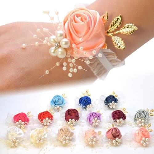2020 Bridesmaid Bracelet Wedding Corsage Bracelet Polyester Ribbon Rose Flowers Pearl Bow Bridel Gifts Wrist Corsage