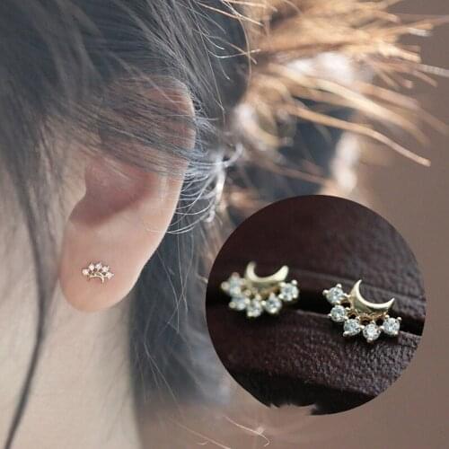 925 Sterling Silver Plated 14K Gold Shiny Zircon Moon Stars Korean Fashion Wedding Ear Stud Earrings Jewelry for Women Gift New