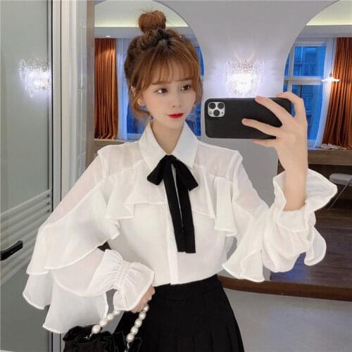 2021 Spring Summer Chic White Puff Long Sleeve Blouse Women Bowknot Lace-up Tops Shirts Casual Loose Blusas Mujer Moda New
